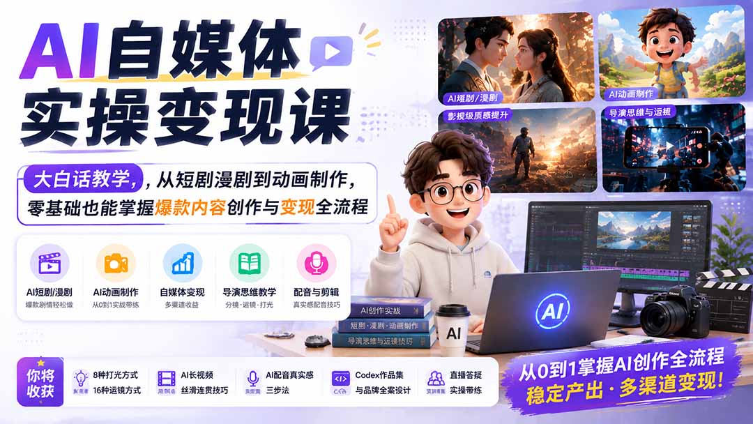 AI自媒体实操变现课|大白话教学,从短剧漫剧到动画制作,零基础也能掌握爆款内容创作与变现全流程-鼎铸网