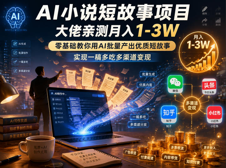 AI小说短故事项目,大佬亲测月入1-3W,零基础教你用AI批量产出优质短故事,实现一稿多吃多渠道变现-鼎铸网