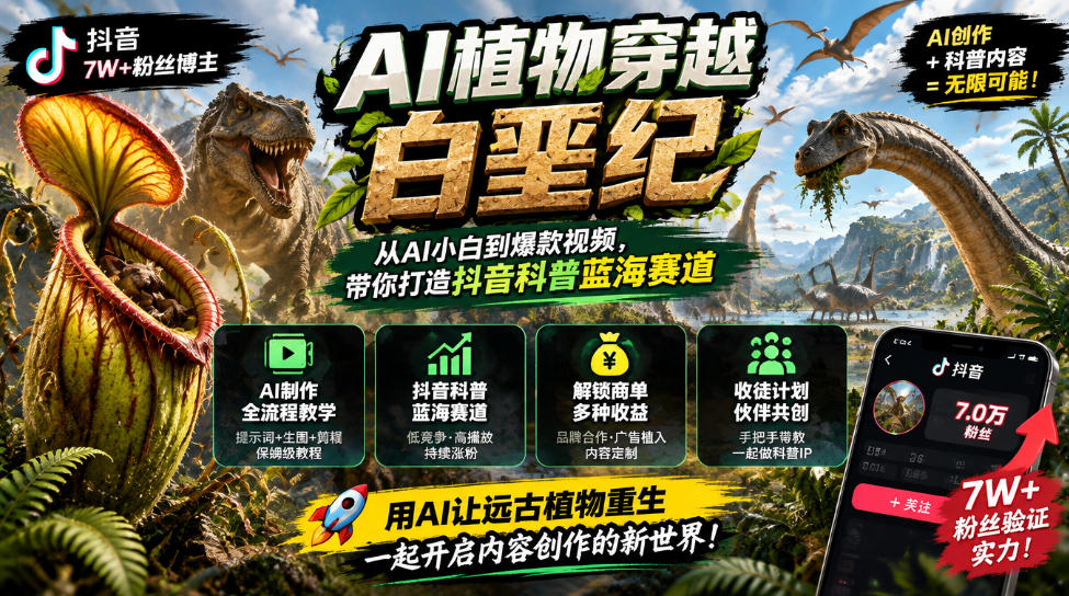 抖音7W粉丝博主的AI植物穿越白垩纪教学,抖音科普蓝海赛道,解锁商单收徒伙伴计划等多种收益-鼎铸网