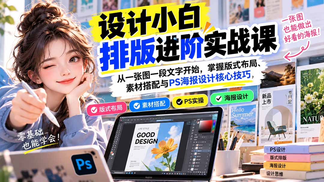 设计小白排版进阶实战课:从一张图一段文字开始,掌握版式布局、素材搭配与PS海报设计核心技巧-鼎铸网