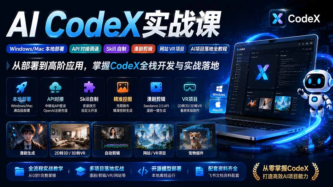 AI CodeX实战课|Windows/Mac 本地部署|API 对接调通|Skill 自制|漫剧剪辑|网站 VR 项目|AI项目落地全教程-鼎铸网