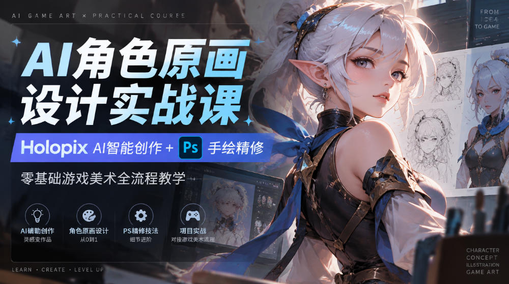 AI角色原画设计实战课|Holopix AI智能创作+PS手绘精修,零基础游戏美术全流程教学-鼎铸网